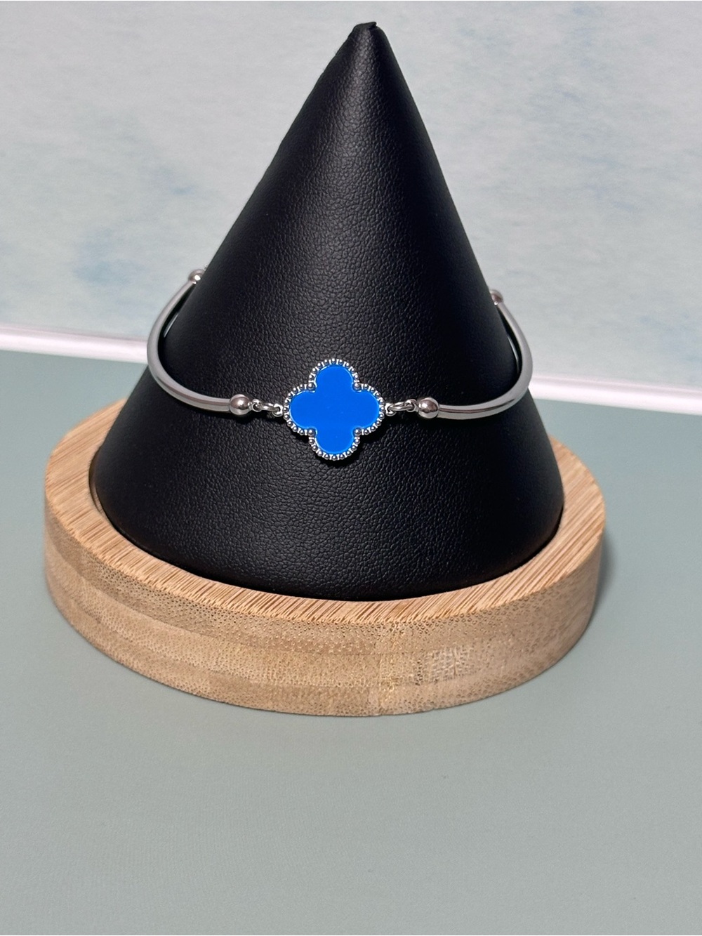Blue Clover Motif Silver-Plate Cuff Bracelet - Women Jewelry